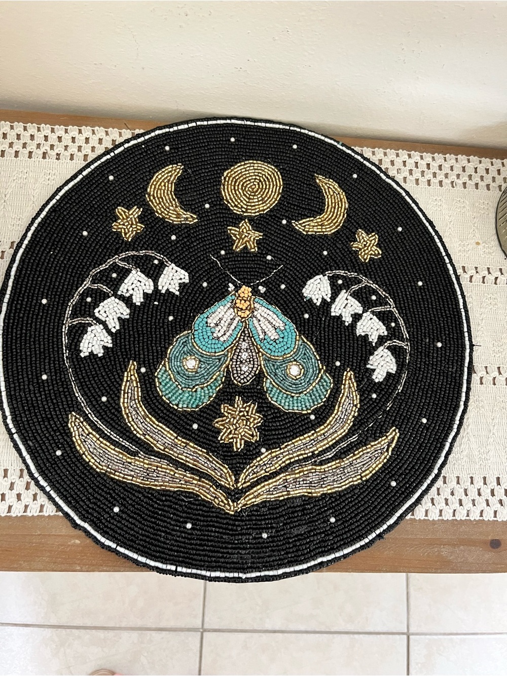 Celestial Moon Moth Beaded Placemat – Mystical Lunar Black & Turquoise Round